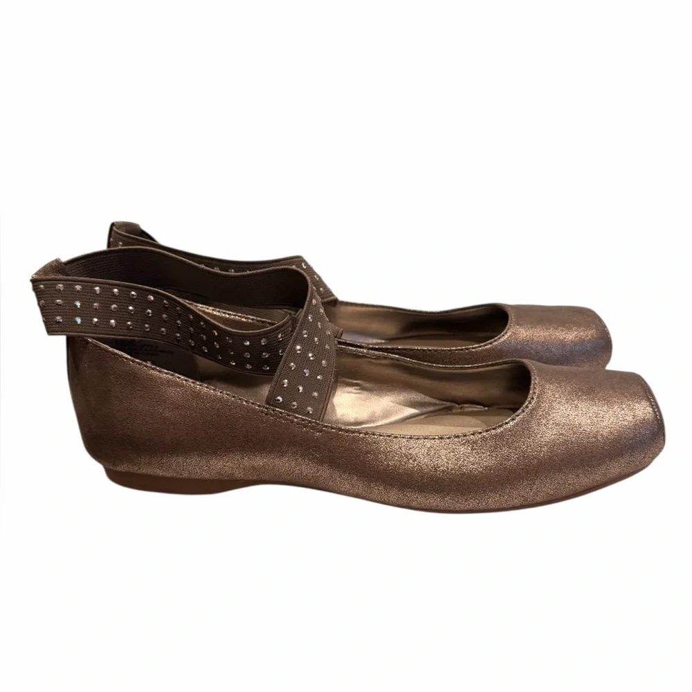A N A Mercy 2 Balletcore Taupe Metallic Flats Elastic Criss-Cross Ankle Strap